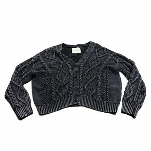 Lucky Brand Chunky Argyle Knit Acid Wash Cropped Cardigan (Charcoal) Size M